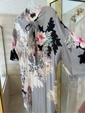Hale Bob Pink and Gray Floral Tie-Neck Dress